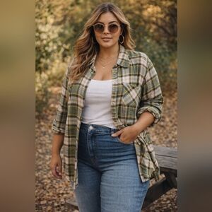 Torrid Plus Size Plaid Button Down Shirt Green Cream Rayon Blend Flannel Casual
